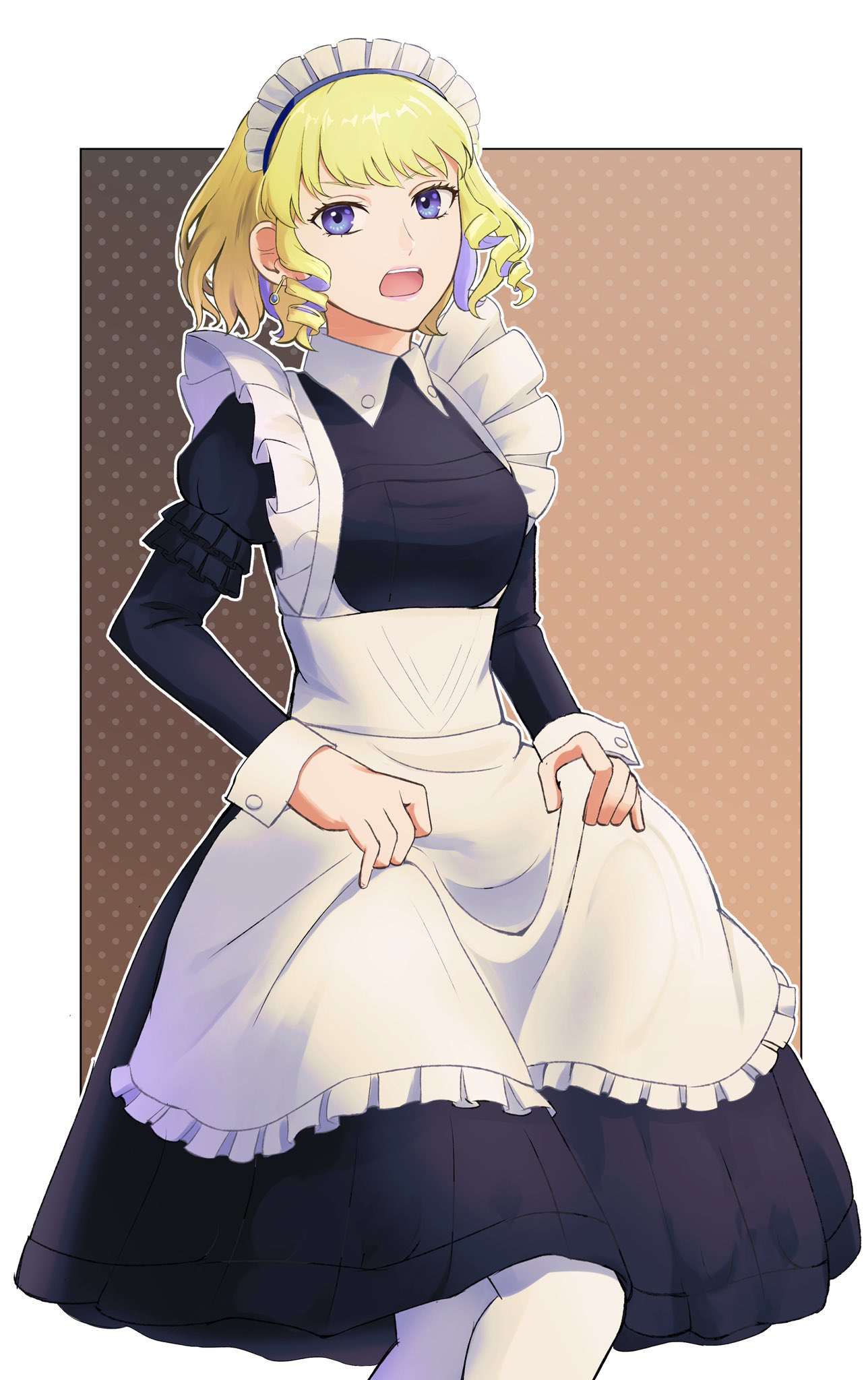 1girl alternate_costume apron blonde_hair blue_eyes breasts constance_von_nuvelle fire_emblem fire_emblem:_three_houses hands_on_lap highres long_sleeves looking_to_the_side maid_apron maid_headdress medium_breasts open_mouth pantyhose short_hair simple_background surprised thigh-highs ue_ereb upper_body