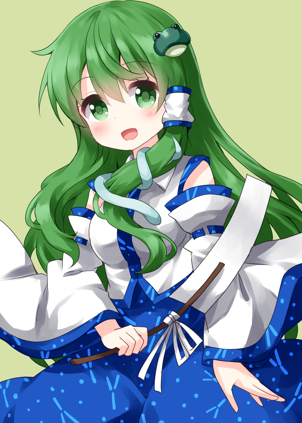 1girl bangs blue_skirt detached_sleeves eyebrows_visible_through_hair frog_hair_ornament gohei green_background green_eyes green_hair hair_ornament hair_tubes highres holding japanese_clothes kochiya_sanae long_hair looking_at_viewer miko open_mouth ruu_(tksymkw) shirt simple_background skirt snake_hair_ornament solo standing touhou white_shirt wide_sleeves