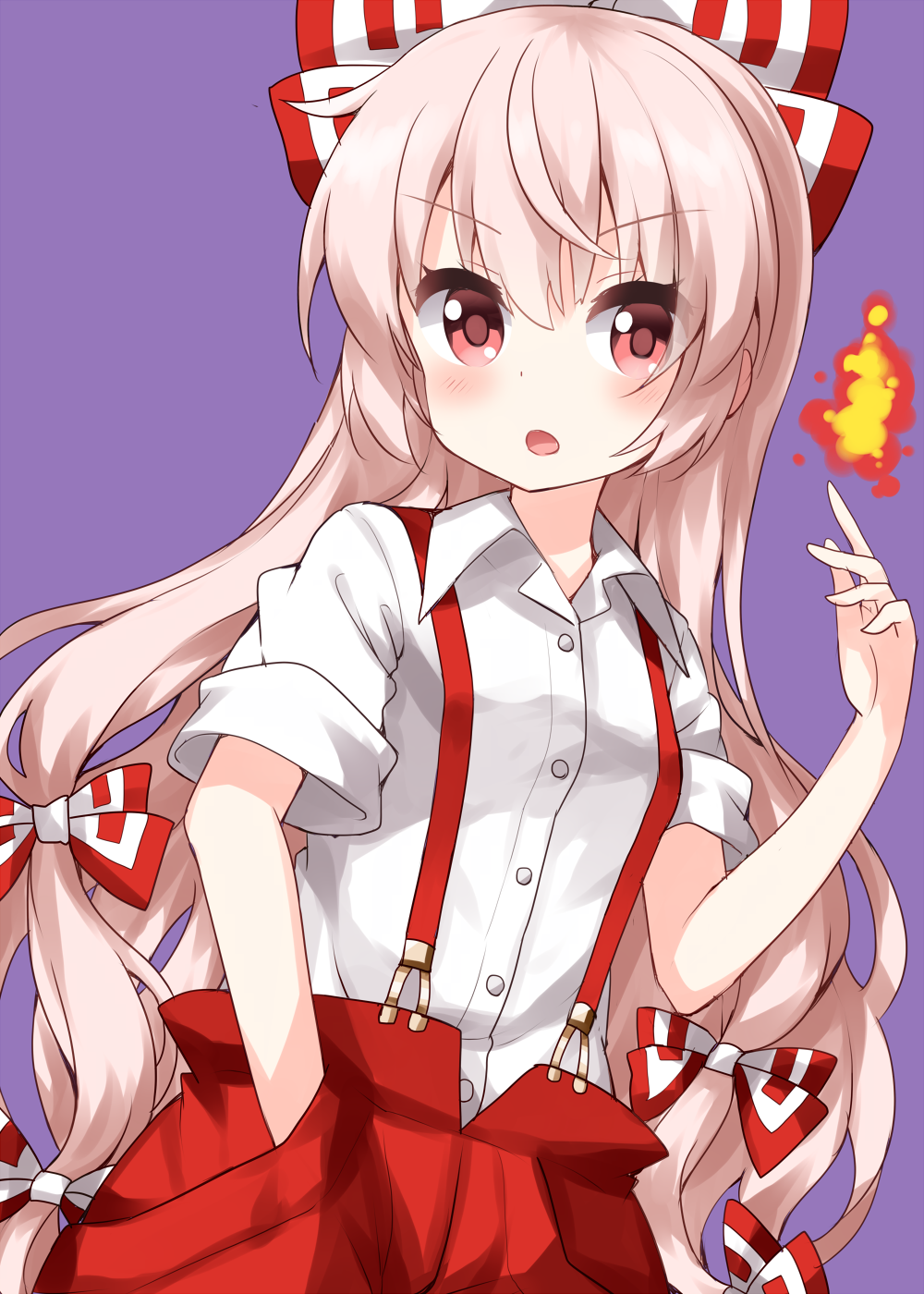 1girl bangs bow buttons collared_shirt eyebrows_visible_through_hair fire fujiwara_no_mokou grey_hair hair_bow hand_in_pocket highres long_hair looking_at_viewer multicolored_bow multiple_boys open_mouth pants purple_background pyrokinesis red_bow red_eyes red_pants ruu_(tksymkw) shirt short_sleeves simple_background solo suspenders touhou v-shaped_eyebrows very_long_hair white_bow