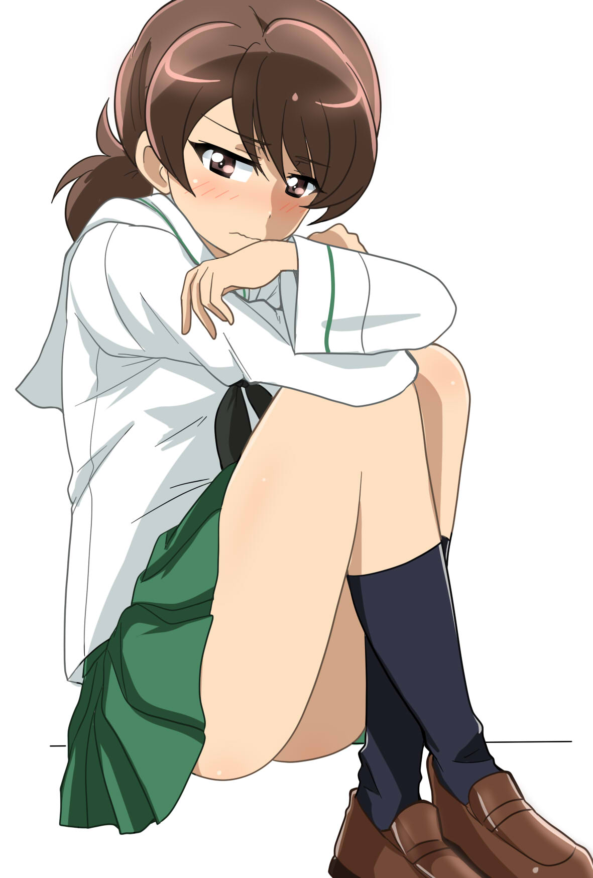 1girl bangs black_legwear black_neckwear blouse blush brown_eyes brown_footwear brown_hair closed_mouth commentary eyebrows_visible_through_hair frown girls_und_panzer green_skirt half-closed_eyes highres kawanishi_shinobu leg_hug loafers long_sleeves looking_at_viewer medium_hair miniskirt neckerchief ooarai_school_uniform pleated_skirt sailor_collar school_uniform serafuku shoes short_ponytail simple_background sitting skirt socks solo swept_bangs wakku_kan white_background white_blouse white_sailor_collar