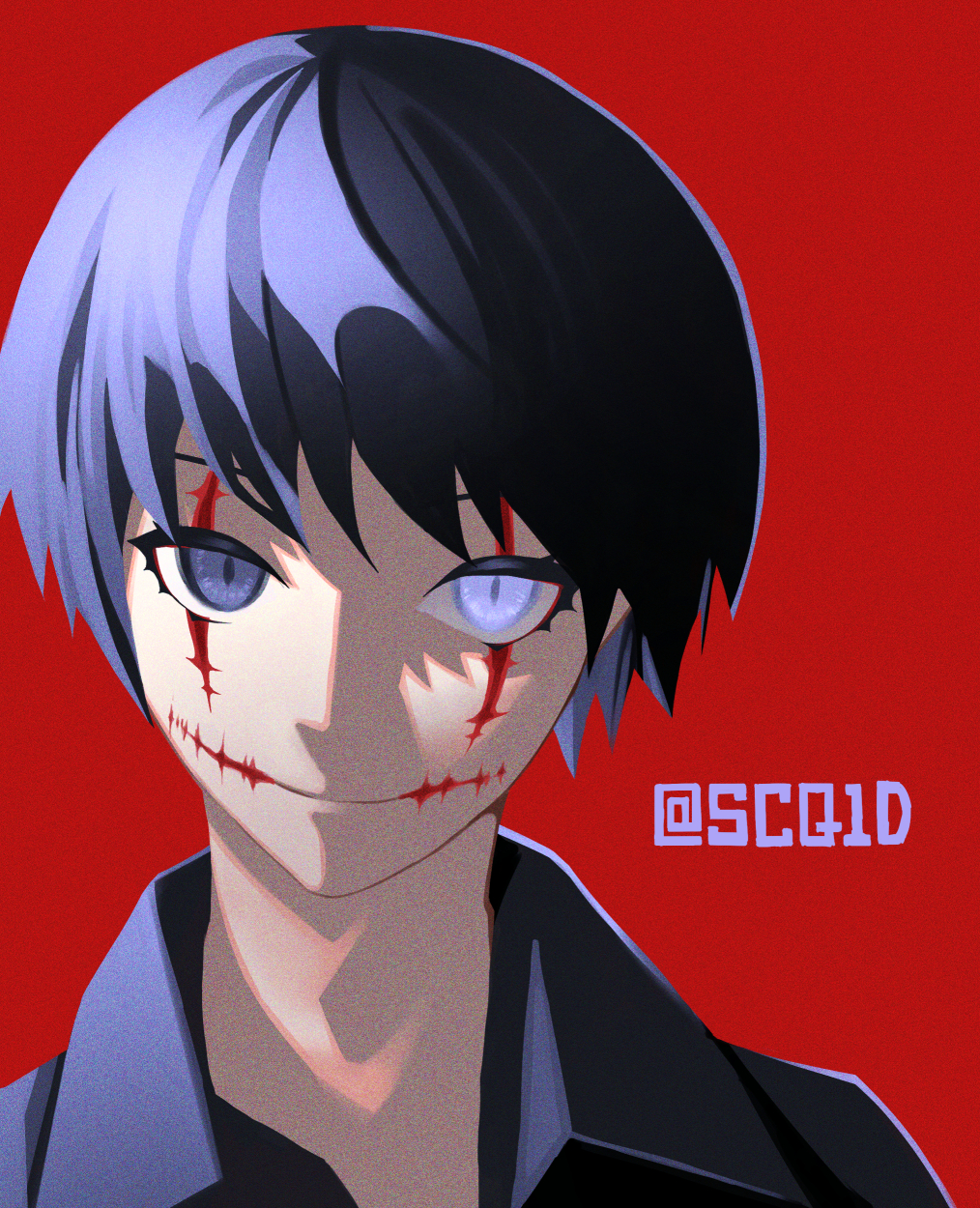 1boy backlighting blue_eyes blue_hair closed_mouth face film_grain glasgow_smile heterochromia highres light_blue_eyes male_focus original red_background scar scar_across_eye scar_on_face simple_background slit_pupils smile solo tsuki-shigure twitter_username upper_body