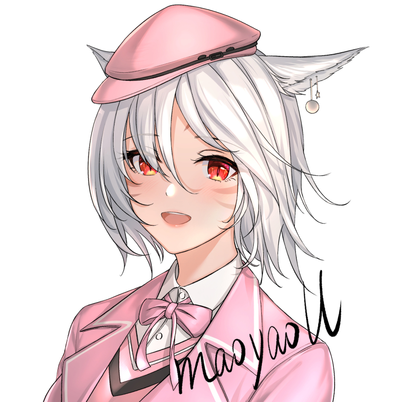 1girl :d animal_ears artist_name bangs blazer blush bow cabbie_hat cat_ears collared_shirt dress_shirt ear_piercing eyebrows_visible_through_hair eyes_visible_through_hair final_fantasy final_fantasy_xiv hair_between_eyes hair_over_one_eye hat jacket looking_at_viewer maoyao-ll mini_hat miqo'te open_blazer open_clothes open_jacket open_mouth piercing pink_bow pink_headwear pink_jacket red_eyes school_uniform shirt signature smile solo sweater_vest upper_body upper_teeth whisker_markings white_hair white_shirt