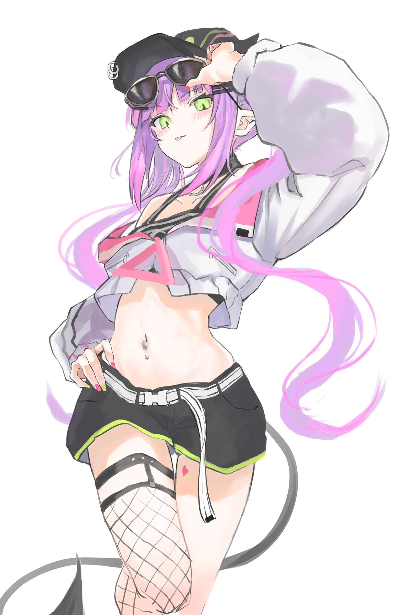 1girl black_headwear blush breasts choker collarbone crop_top cropped_jacket demon_tail fishnet_legwear fishnets green_eyes hand_on_hip hat highres hololive jacket long_hair looking_down midriff navel navel_piercing piercing pointy_ears purple_hair ruwo_benzen short_shorts shorts single_thighhigh small_breasts solo tail thigh-highs tokoyami_towa tongue tongue_out twintails virtual_youtuber white_jacket