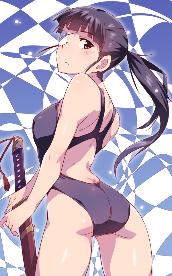 1girl animal_ears ass back back_cutout bangs black_hair black_swimsuit blue_background blunt_bangs brown_eyes closed_mouth clothing_cutout commentary cowboy_shot em_(totsuzen_no_hakike) eyebrows_visible_through_hair eyepatch from_behind frown holding holding_sword holding_weapon katana light_blush long_hair looking_at_viewer looking_back one-piece_swimsuit ponytail sakamoto_mio sheath sheathed solo standing strike_witches swimsuit sword tassel weapon world_witches_series