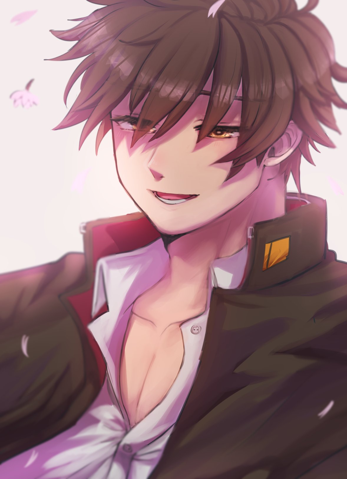 1boy bangs black_jacket brown_eyes brown_hair close-up collarbone face gakuran highres hiota_(kuhi_0301) jacket male_focus master_4_(tokyo_houkago_summoners) open_clothes open_jacket open_mouth open_shirt partially_unbuttoned petals school_uniform short_hair solo tokyo_houkago_summoners toned toned_male