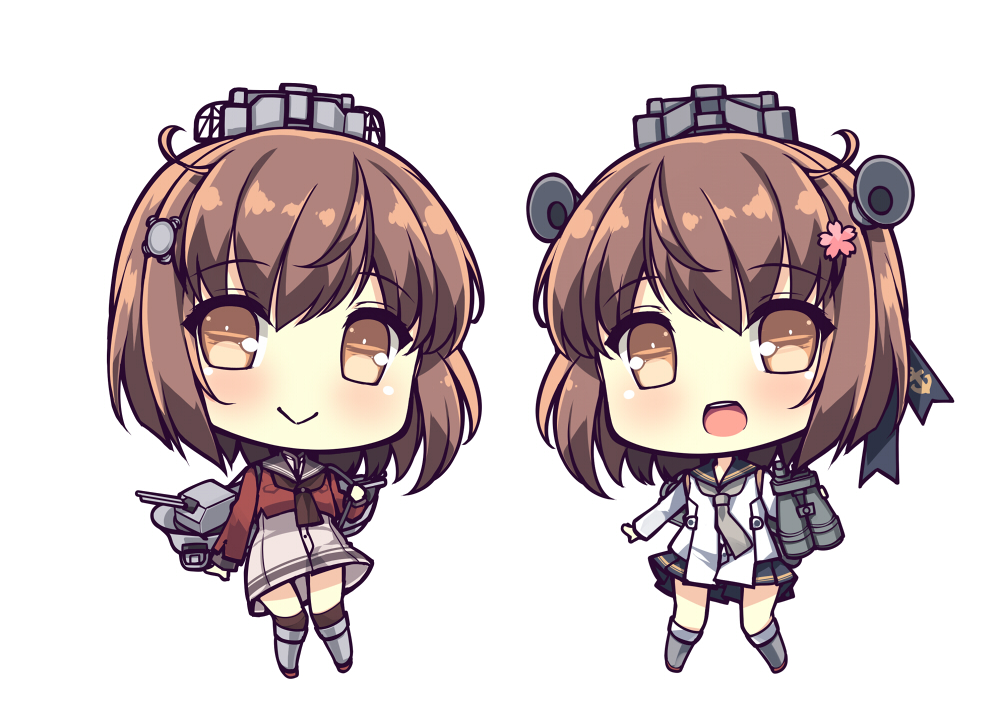 2girls akikaze_tsumuji anchor_symbol binoculars black_sailor_collar brown_eyes brown_hair brown_neckwear cannon cherry_blossoms chibi dress dual_persona flower grey_neckwear grey_sailor_collar hair_flower hair_ornament hairclip headset kantai_collection looking_at_viewer machinery multiple_girls neckerchief no_nose open_mouth red_shirt round_teeth sailor_collar sailor_dress sailor_shirt shirt short_hair simple_background speaking_tube_headset tan_yang_(kantai_collection) teeth turret upper_teeth white_background white_dress yukikaze_(kantai_collection)