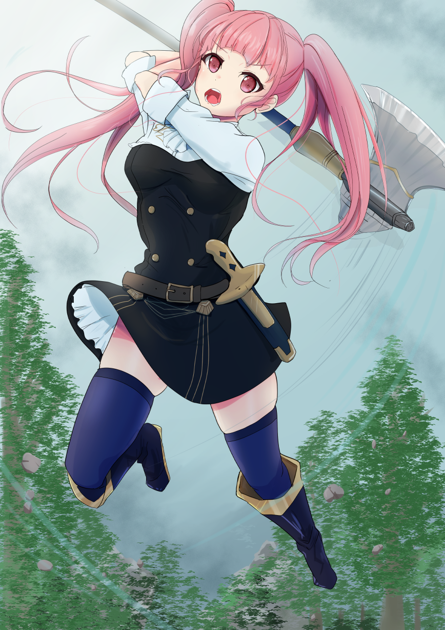 1girl axe dynamic_pose fire_emblem fire_emblem:_three_houses garreg_mach_monastery_uniform highres hilda_valentine_goneril holding holding_weapon incoming_attack long_hair looking_at_viewer open_mouth outdoors pink_hair red_eyes ruten_moga00 solo thigh-highs tree twintails weapon
