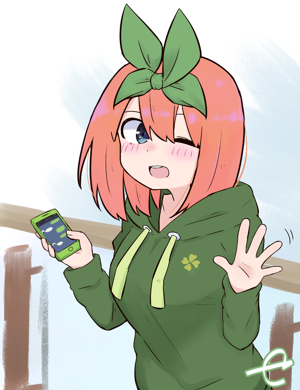 1girl ;d bangs blue_eyes blush breasts cellphone closed_eyes drawstring eyebrows_behind_hair facing_viewer go-toubun_no_hanayome green_hoodie green_ribbon hair_between_eyes hair_ribbon highres holding holding_phone hood hood_down hoodie iphone kujou_karasuma long_sleeves medium_breasts nakano_yotsuba one_eye_closed open_mouth phone railing ribbon signature sleeves_past_wrists smartphone smile solo upper_body upper_teeth