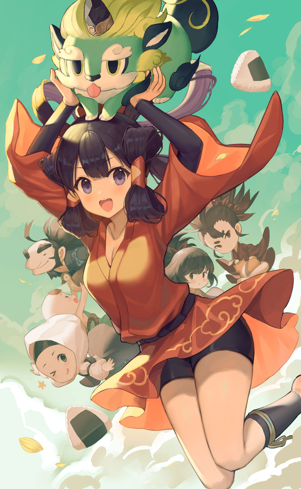 2boys 4girls :d arms_up bangs bike_shorts black_hair black_shorts blush boku_koyuki_mx clouds cloudy_sky commentary_request day eyebrows_visible_through_hair green_sky hair_rings highres holding hood hood_up japanese_clothes kimono long_sleeves looking_at_viewer midair multiple_boys multiple_girls open_mouth outdoors red_kimono sakuna-hime short_over_long_sleeves short_shorts short_sleeves shorts sky smile tensui_no_sakuna-hime thick_eyebrows upper_teeth violet_eyes wide_sleeves