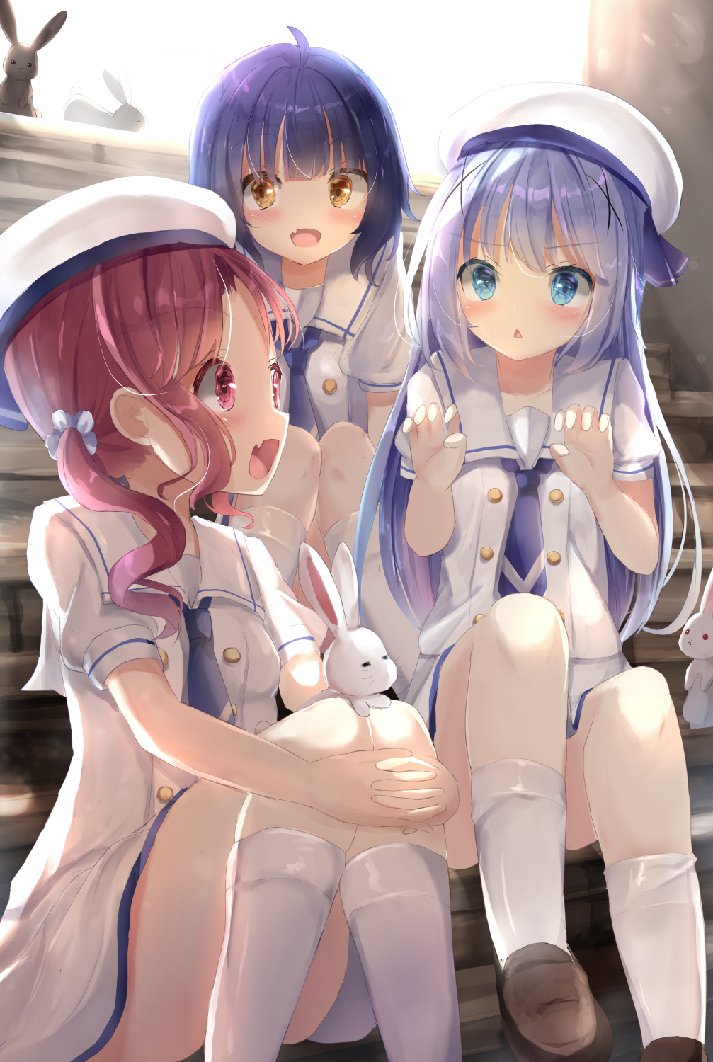 3girls :&lt; :d ahoge animal bangs beret blue_eyes blue_hair blue_neckwear blush brown_eyes brown_footwear chimame-tai claw_pose commentary_request dress eyebrows_visible_through_hair fang gochuumon_wa_usagi_desu_ka? hair_ornament hands_up hat highres jouga_maya kafuu_chino kafuu_chino's_school_uniform loafers long_hair low_twintails multiple_girls na!?_(naxtuyasai) natsu_megumi necktie open_mouth parted_lips puffy_short_sleeves puffy_sleeves rabbit red_eyes redhead school_uniform shoes short_necktie short_sleeves sitting sitting_on_stairs smile socks stairs triangle_mouth twintails very_long_hair white_dress white_headwear white_legwear x_hair_ornament