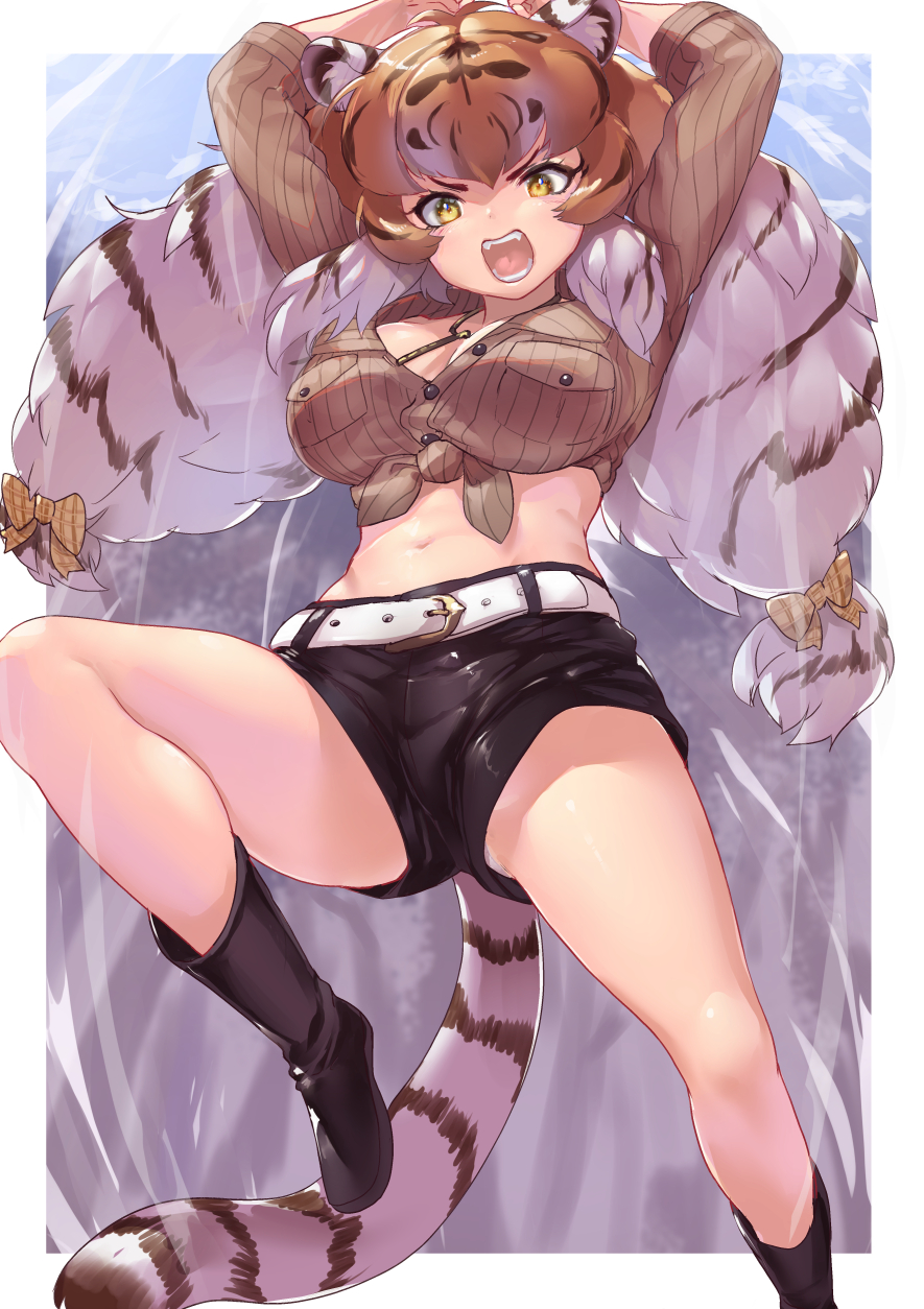 1girl animal_ears arms_up attack bangs bare_legs belt black_footwear black_hair black_shorts boots bow breast_pocket breasts brown_hair brown_shirt buttons cat_girl commentary_request fangs hair_bow highres incoming_attack jumping kemono_friends kemono_friends_3 knee_up long_hair looking_at_viewer low-tied_long_hair midriff multicolored_hair navel open_mouth panties panty_peek pocket shirt shorts siberian_tiger_(kemono_friends) solo stomach streaked_hair tadano_magu tail tied_shirt tiger_ears tiger_girl tiger_tail twintails underwear upshorts v-shaped_eyebrows very_long_hair white_hair white_panties yellow_eyes