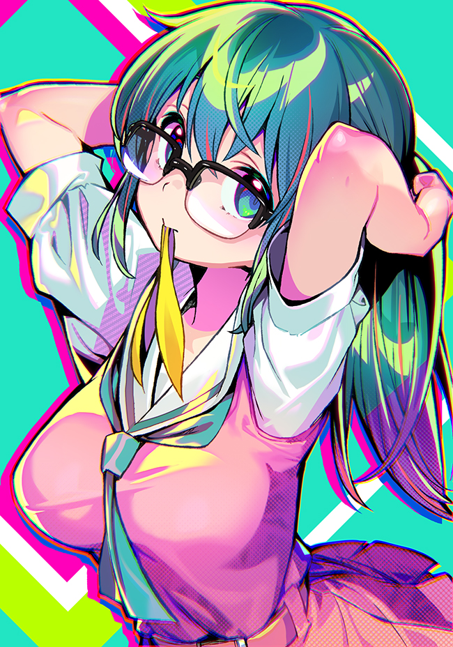 1girl adjusting_hair arms_up bangs black-framed_eyewear blue_eyes breasts commentary_request dohna_dohna glasses green_neckwear large_breasts long_hair medico mouth_hold multicolored multicolored_background multicolored_hair neckerchief official_art pink_skirt ribbon sailor_collar school_uniform serafuku shirt_tucked_in short_sleeves shunin simple_background skirt solo streaked_hair upper_body