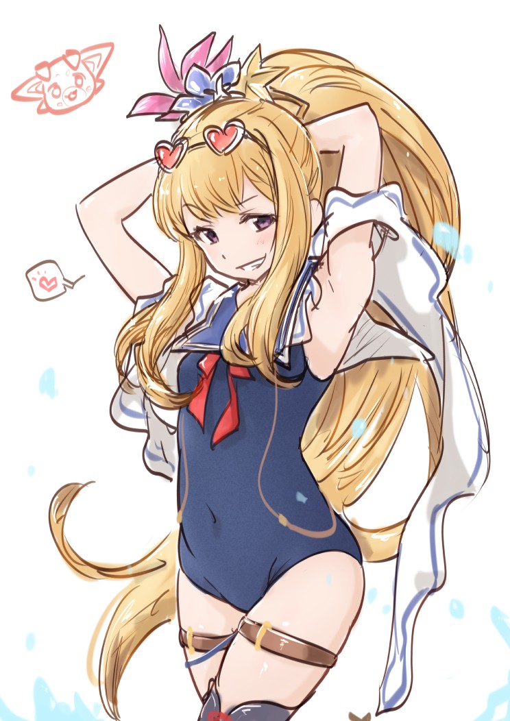 1girl blonde_hair breasts cagliostro_(granblue_fantasy) granblue_fantasy hairband kiikii_(kitsukedokoro) long_hair looking_at_viewer open_mouth simple_background small_breasts smile solo swimsuit thigh-highs violet_eyes