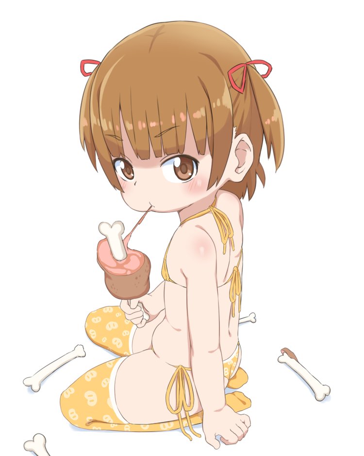 1girl bangs bikini blunt_bangs blush bone brown_hair bubukka eating eyebrows_visible_through_hair flat_chest food hair_ribbon holding holding_food marui_mitsuba meat mitsudomoe red_ribbon ribbon short_hair side-tie_bikini simple_background sitting solo swimsuit thigh-highs wariza white_background yellow_bikini yellow_legwear