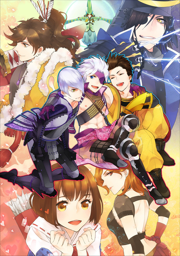 2girls 6+boys armor backless_outfit between_fingers black_hair brown_hair chousokabe_motochika_(sengoku_basara) date_masamune_(sengoku_basara) electricity full_moon helmet ishida_mitsunari_(sengoku_basara) japanese_armor japanese_clothes kabuto katana maeda_keiji moon mouri_motonari_(sengoku_basara) multiple_boys multiple_girls saika_magoichi_(sengoku_basara) sengoku_basara siruphial sword tokugawa_ieyasu_(sengoku_basara) triple_wielding tsuruhime weapon