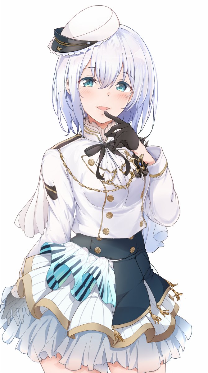 1girl aiguillette bang_dream! bangs beret black_gloves black_ribbon blue_eyes blush cowboy_shot cropped_jacket eyebrows_visible_through_hair finger_to_mouth frilled_skirt frills gloves hat head_tilt kurata_mashiro long_sleeves looking_at_viewer mini_hat neck_ribbon open_mouth ribbon see-through_skirt short_hair silver_hair simple_background skirt smile solo standing suisen_toire_(moko924) uniform white_background white_headwear