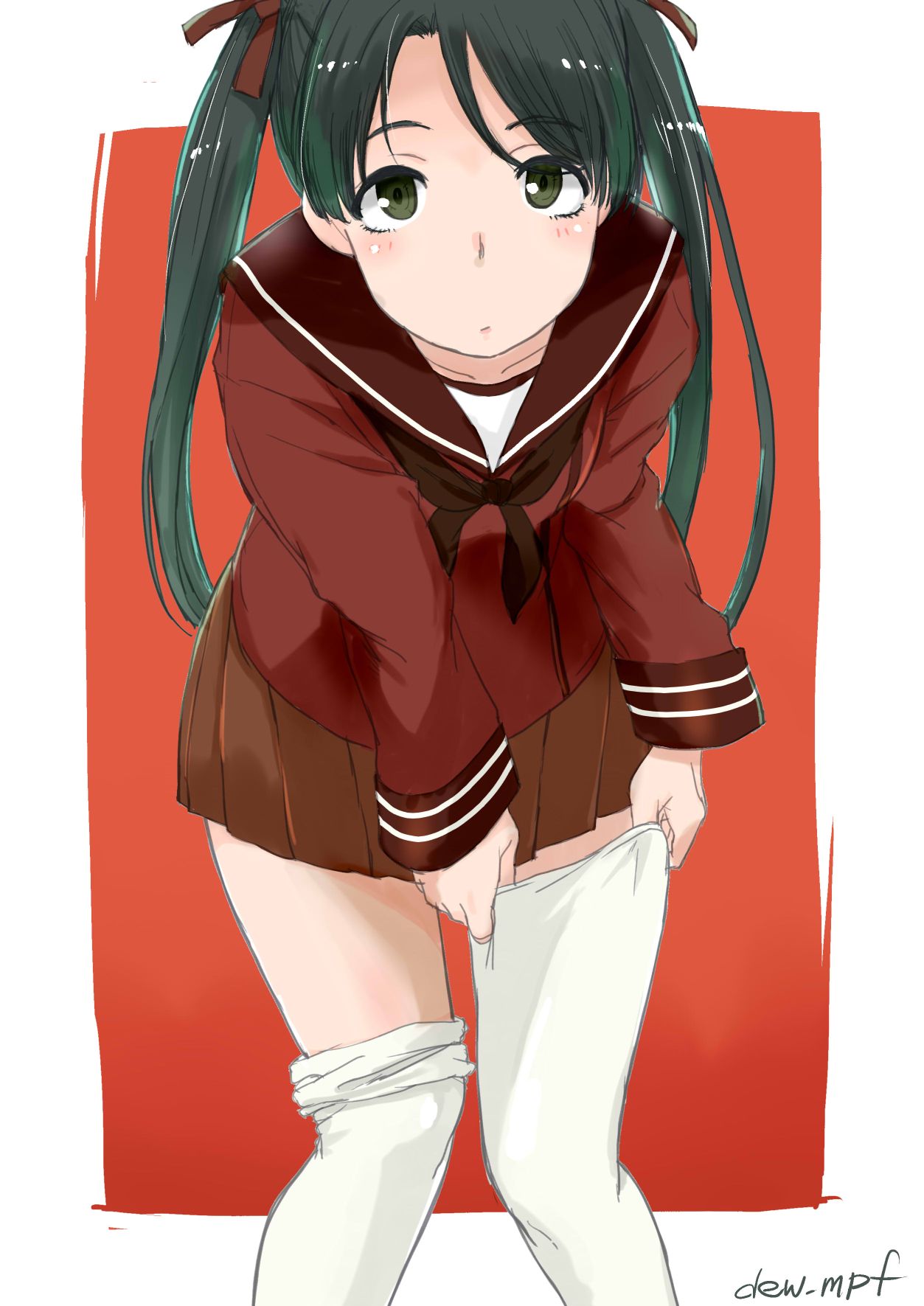 1girl bent_over border brown_sailor_collar brown_serafuku brown_shirt brown_skirt commentary_request cowboy_shot green_eyes green_hair highres kantai_collection kote_(dew) leaning_forward long_hair looking_at_viewer mikuma_(kantai_collection) pleated_skirt red_background sailor_collar school_uniform serafuku shirt skirt solo standing thigh-highs twintails two-tone_background white_border white_legwear