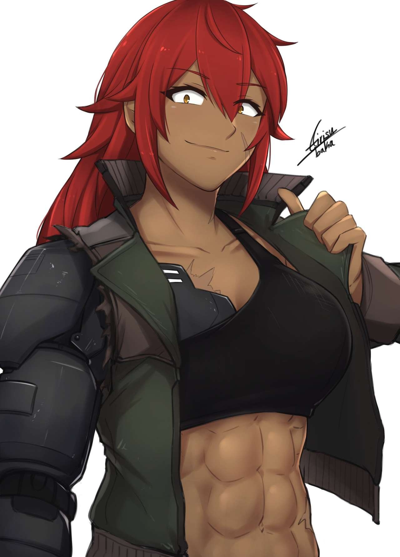 1girl abs airisubaka artist_name asymmetrical_breasts bangs breasts collarbone commentary cropped_jacket cyborg dark_skin dark-skinned_female english_commentary eyebrows_visible_through_hair eyes_visible_through_hair hair_between_eyes highres jacket large_breasts long_hair long_sleeves looking_at_viewer mechanical_arm midriff muscle muscular_female open_clothes open_jacket original redhead scar signature single_sleeve solo sports_bra upper_body yellow_eyes