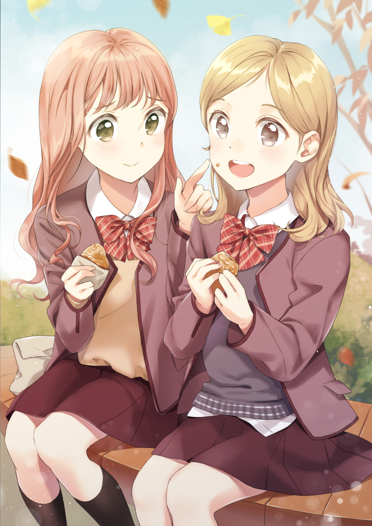 2girls arms_up autumn_leaves bangs black_legwear blonde_hair blue_sky blue_sweater blurry bokeh bow bowtie brown_eyes brown_jacket brown_skirt commentary day depth_of_field dress_shirt eyebrows_visible_through_hair feet_out_of_frame finger_to_another's_cheek food food_on_face holding holding_food jacket kneehighs knees_together light_blush long_hair looking_at_another looking_at_viewer medium_hair multiple_girls open_clothes open_jacket open_mouth original outdoors parted_bangs pink_hair school_uniform shirt sitting skirt sky smile striped striped_neckwear sweater taiyaki tan_sweater tree untucked_shirt unya_(unya-unya) upper_teeth violet_eyes wagashi white_shirt wooden_bench
