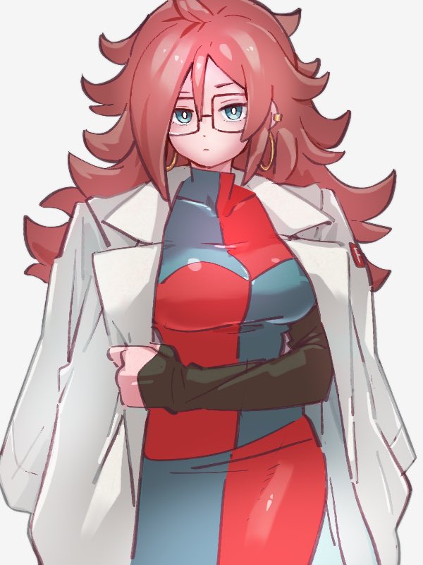 1girl android_21 blue_eyes breasts checkered checkered_dress dragon_ball dragon_ball_fighterz dress earrings glasses hoop_earrings jewelry kemachiku labcoat long_hair looking_at_viewer medium_breasts red_ribbon_army redhead simple_background solo