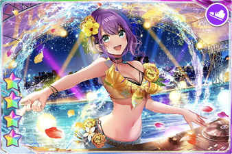 blush d4dj hidaka_saori purple_hair short_hair smile swimsuit violet_eyes