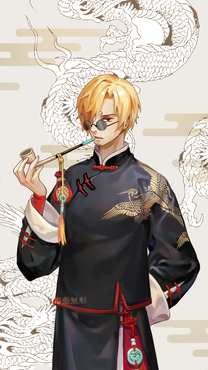 1boy animal_print arm_behind_back bird_print black_eyes blonde_hair chinese_clothes cowboy_shot dragon dywx_poison eastern_dragon facial_hair goatee hair_over_one_eye highres holding holding_pipe male_focus one_piece pipe sanji smoking solo sunglasses