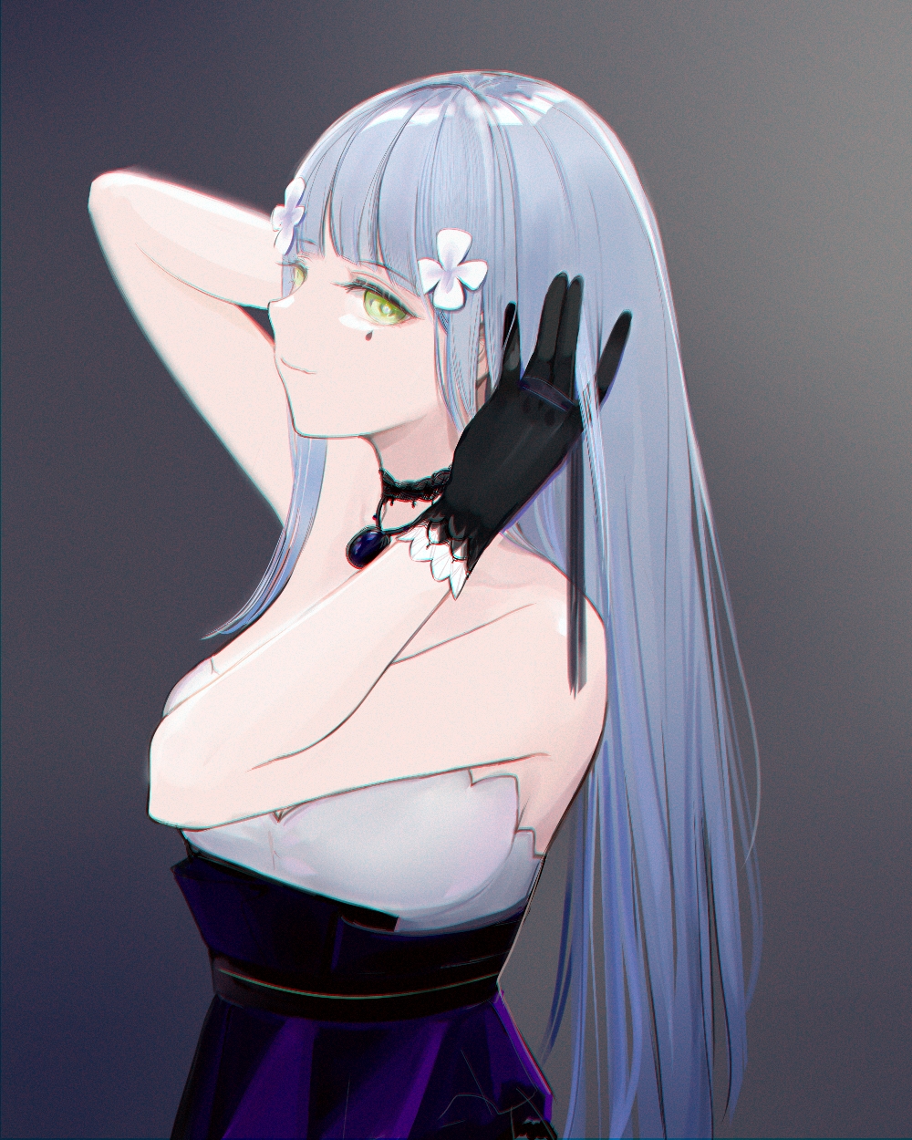 1girl bangs bare_shoulders black_gloves blue_hair chilli_646 closed_mouth dress eyebrows_visible_through_hair girls_frontline gloves green_eyes hand_in_hair highres hk416_(girls_frontline) jewelry long_hair looking_at_viewer necklace simple_background smile solo