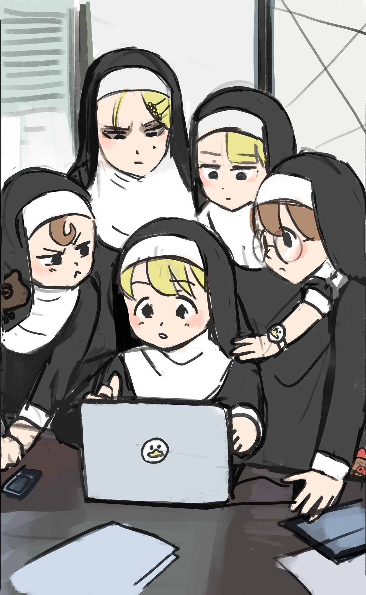 5girls black_headwear blonde_hair brown_hair computer diva_(hyxpk) habit highres indoors laptop little_nun_(diva) multiple_girls nun table tagme watch