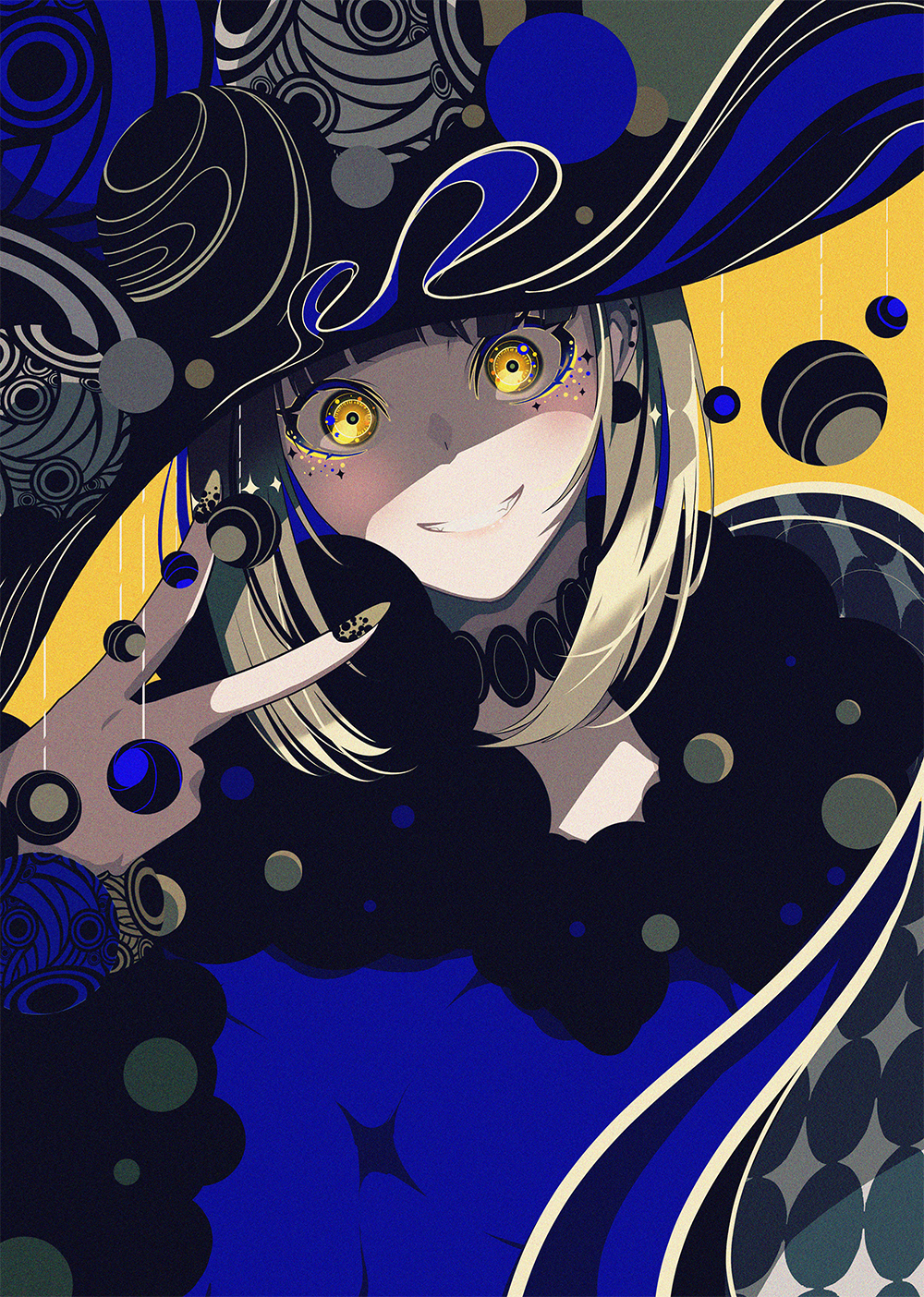 1girl bangs berryverrine blonde_hair blunt_bangs breasts grin hat highres jewelry makeup medium_breasts medium_hair nail_polish necklace original smile solo upper_body v witch_hat yellow_background yellow_eyes