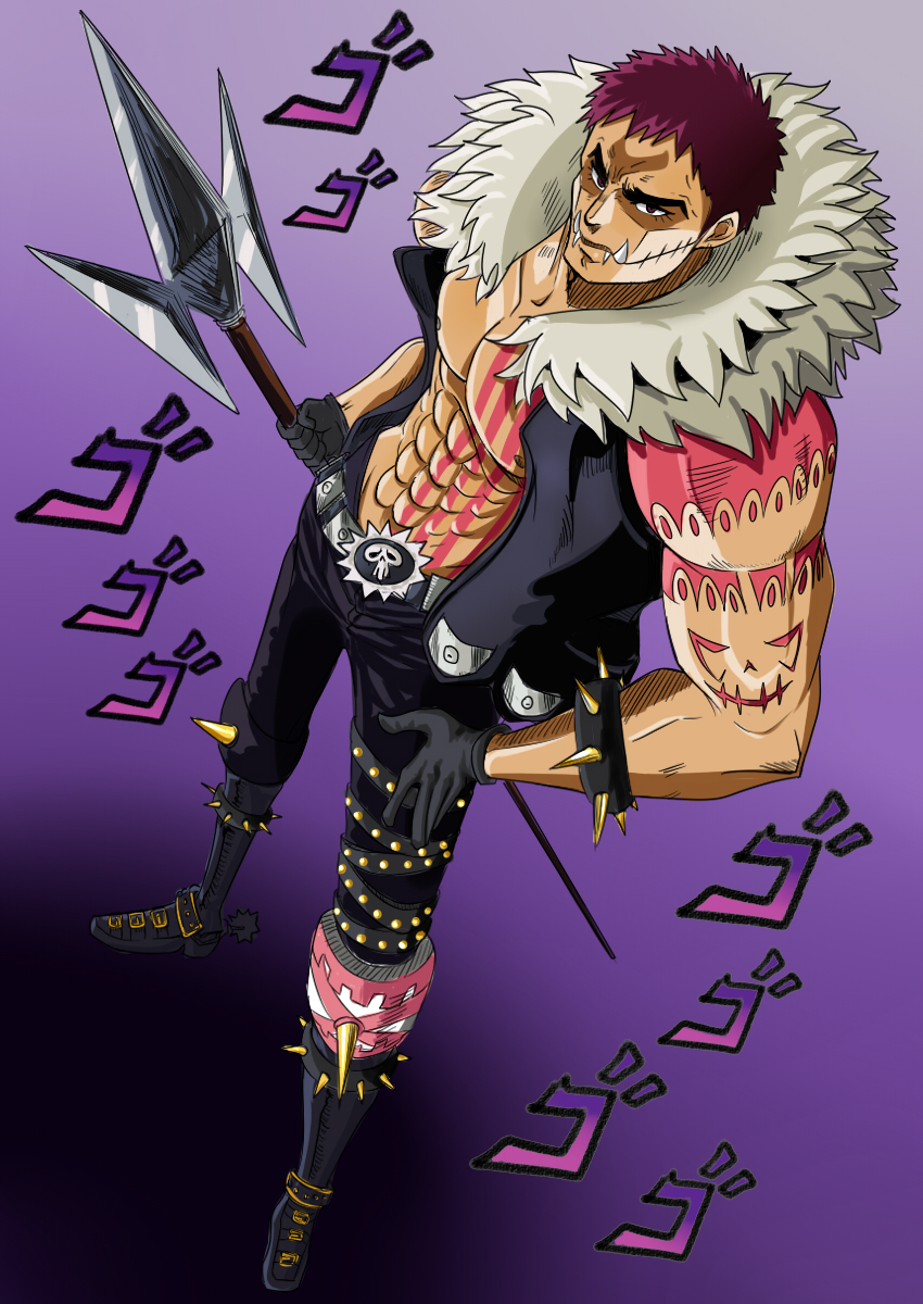 1boy abs arm_at_side arm_tattoo armlet asymmetrical_clothes bare_pecs belt black_gloves black_pants black_vest boots charlotte_katakuri chest_tattoo collarbone commentary english_commentary eyebrows fangs fangs_out full_body fur_trim gloves hand_on_hip highres holding holding_spear holding_weapon jewelry jojo_no_kimyou_na_bouken knee_pads looking_at_viewer male_focus muscle nipples one_piece open_clothes open_vest pants parody pectorals polearm purple_hair short_hair skull skull_belt solo sound_effects spear spiked_armlet spikes spurs standing stitched_mouth stitches stomach stomach_tattoo style_parody tattoo tina_fate vest violet_eyes weapon