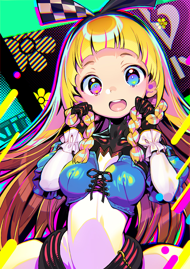 1girl alyce_(dohna_dohna) black_gloves blonde_hair blue_eyes bodysuit braid breasts checkered commentary_request dohna_dohna flower_(symbol) gloves hairband holding holding_hair long_hair medium_breasts multicolored multicolored_background official_art open_mouth shunin side_braids solo upper_teeth