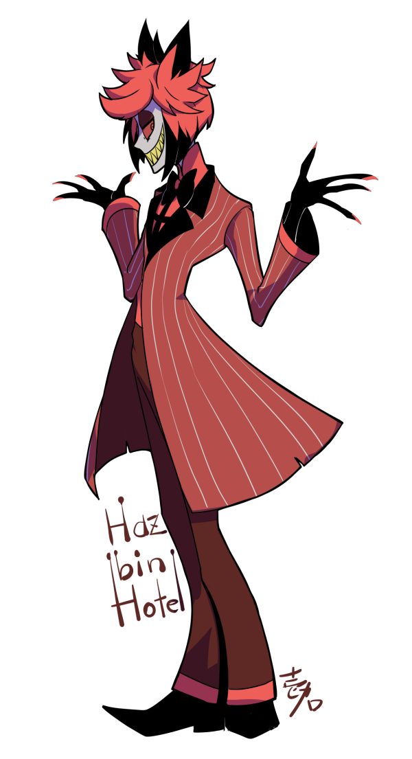 1boy alastor_(hazbin_hotel) black_hands black_neckwear bow bowtie cel_shading demon demon_boy fingernails formal grin half-closed_eyes hazbin_hotel horizontal_stripes ichi_ka looking_to_the_side pinstripe_suit red_sclera red_suit sharp_fingernails sharp_teeth signature smile solo striped suit teeth white_stripes yellow_teeth