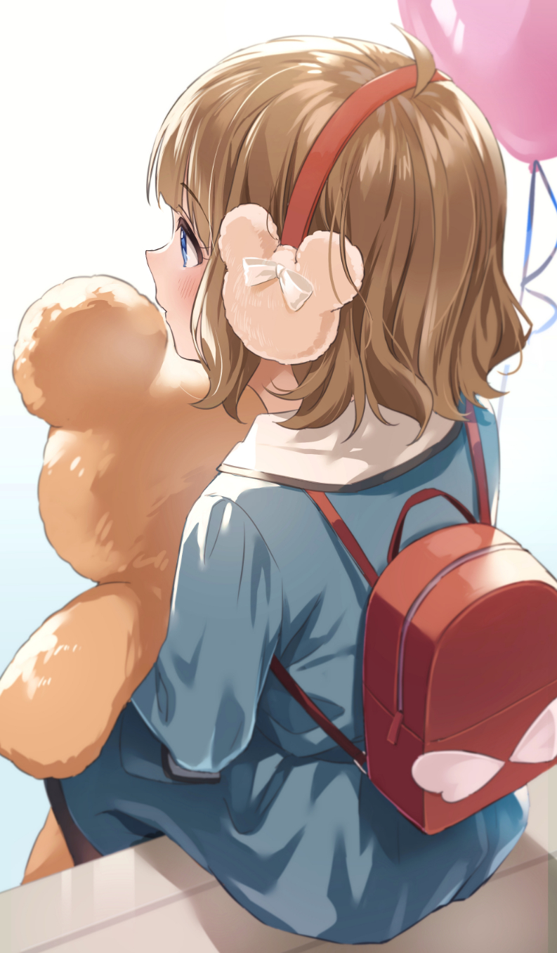 1girl ahoge backpack bag balloon bangs blue_dress blue_eyes blue_ribbon blush bow brown_hair dress earmuffs eyebrows_visible_through_hair eyelashes from_behind highres holding holding_stuffed_toy idolmaster idolmaster_million_live! red_bag ribbon sitting solo stuffed_animal stuffed_toy suou_momoko teddy_bear white_background white_bow zattape