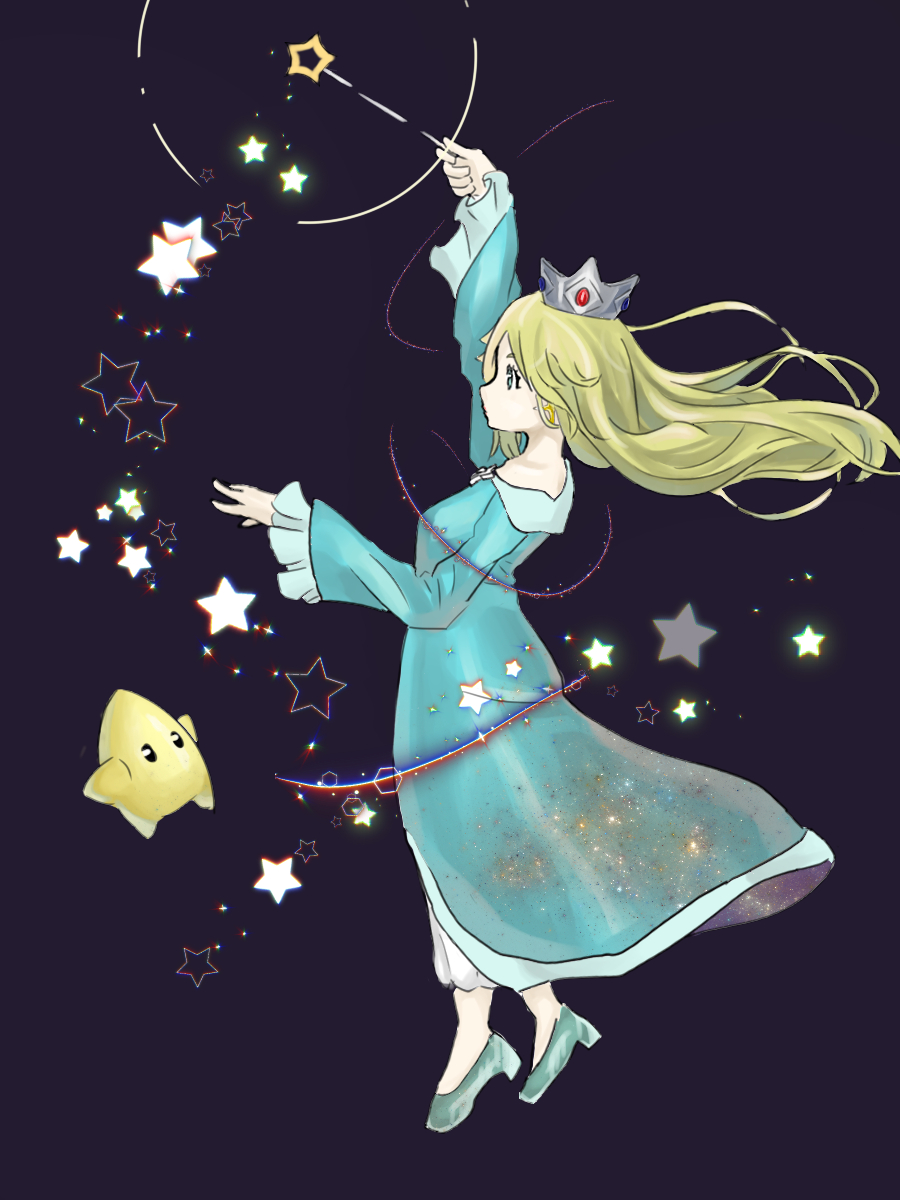 1girl aqua_footwear blonde_hair blue_dress blue_eyes crown dress floating_hair from_side full_body high_heels highres holding holding_wand long_hair long_sleeves luma_(mario) super_mario_bros. nishikuromori purple_background rosalina shoes simple_background solo star_(symbol) super_mario_galaxy wand