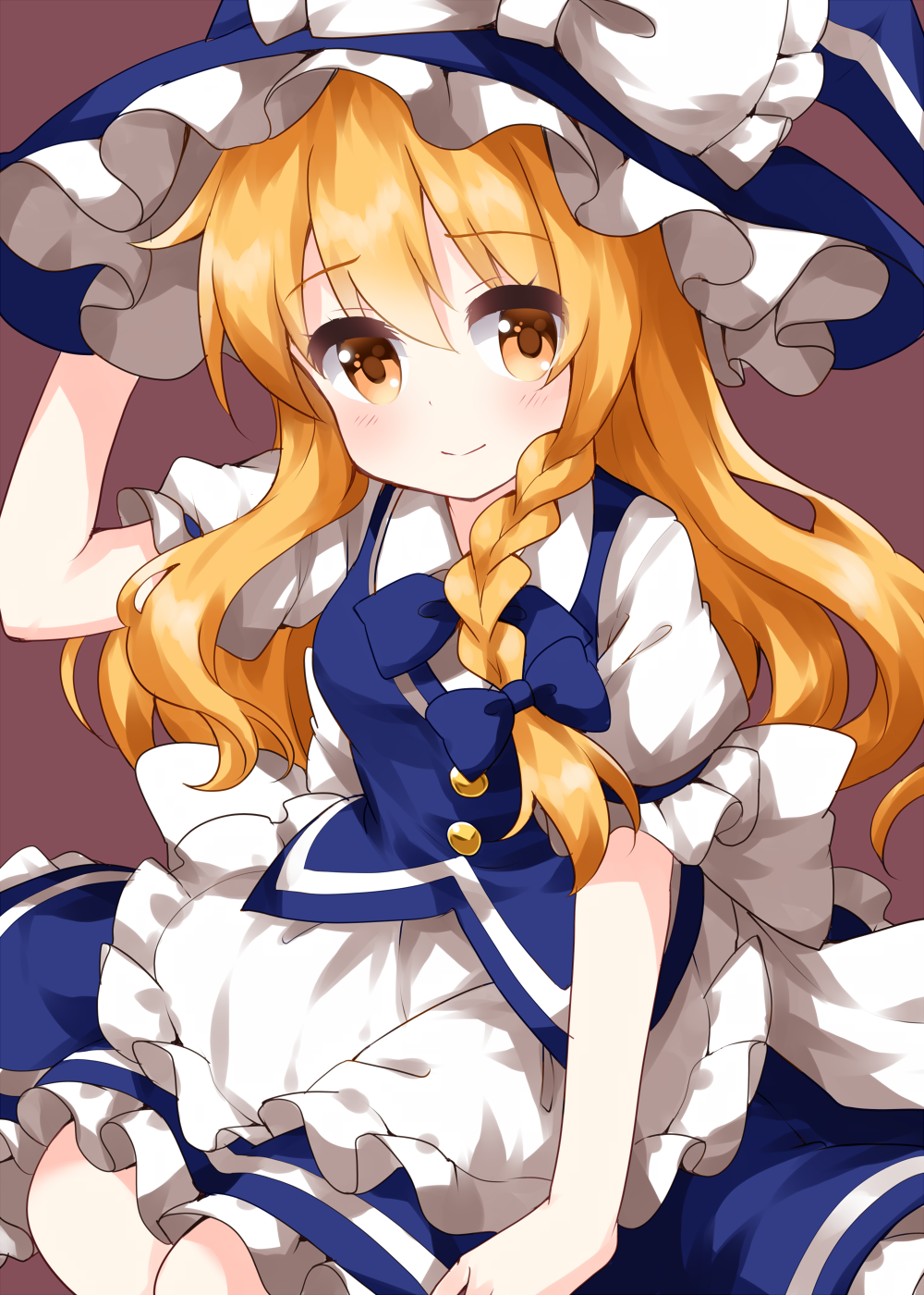 1girl apron bangs blonde_hair blue_bow blue_headwear blue_skirt blue_vest bow braid brown_background buttons closed_mouth eyebrows_visible_through_hair frilled_hat frilled_skirt frills hair_bow hat highres holding holding_clothes holding_hat kirisame_marisa long_hair looking_at_viewer ruu_(tksymkw) shirt short_sleeves simple_background single_braid sitting skirt smile solo touhou vest waist_apron white_apron white_shirt witch_hat