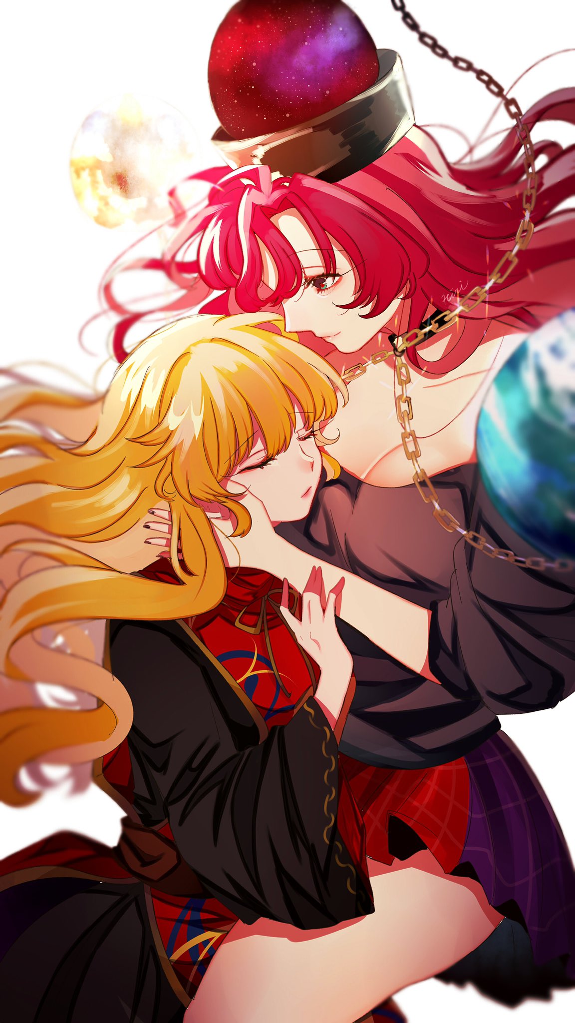 2girls black_dress black_shirt blonde_hair chain chinese_clothes choker closed_eyes closed_mouth crescent dress earth_(ornament) eyebrows_visible_through_hair eyelashes gold_chain hand_on_another's_face head_on_chest hecatia_lapislazuli highres himari-san_yanaika junko_(touhou) long_hair miniskirt moon_(ornament) multicolored multicolored_clothes multicolored_skirt multiple_girls off-shoulder_shirt off_shoulder plaid plaid_skirt polos_crown red_eyes red_tabard redhead shirt simple_background skirt t-shirt tabard touhou white_background wide_sleeves