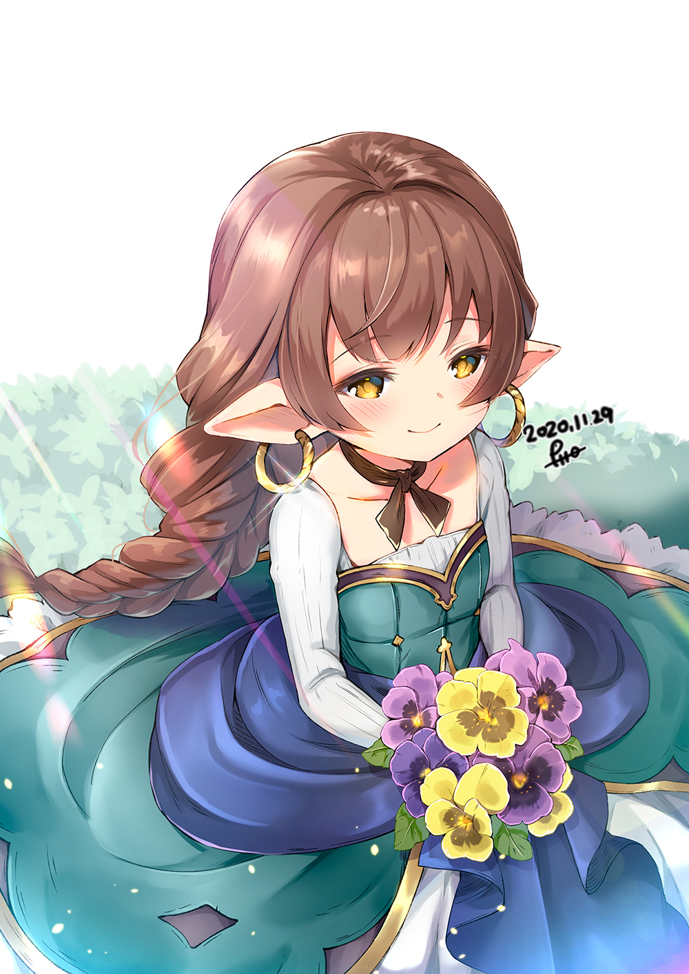 1girl bouquet braid brown_eyes brown_hair closed_mouth commentary_request dated dress earrings flower glint granblue_fantasy green_dress haaselia harvin highres holding holding_bouquet hoop_earrings jewelry long_hair long_sleeves pilokey pointy_ears purple_flower signature single_braid smile solo very_long_hair white_background yellow_flower
