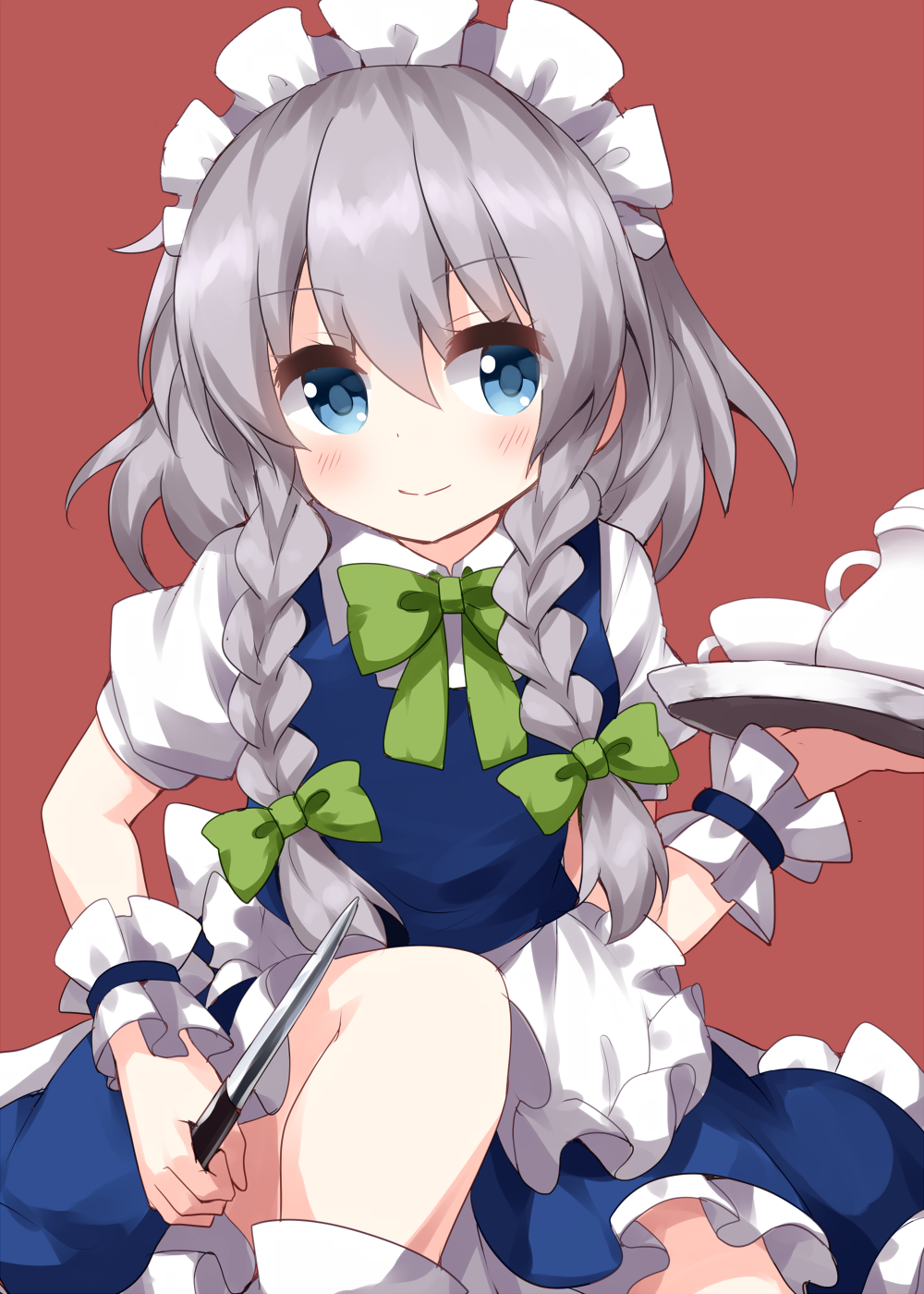 1girl apron bangs blue_dress blue_eyes bow bowtie braid brown_background closed_mouth collared_shirt cup dress eyebrows_visible_through_hair green_bow green_neckwear grey_hair hair_bow highres holding holding_knife holding_tray izayoi_sakuya knife looking_at_viewer maid maid_headdress medium_hair ruu_(tksymkw) shirt short_sleeves side_braids simple_background smile solo teapot touhou tray twin_braids waist_apron white_apron wrist_cuffs