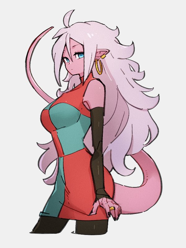 1girl android_21 black_nails blue_eyes breasts checkered_clothes checkered_dress colored_skin dragon_ball dragon_ball_fighterz dress earrings grey_background hair_between_eyes hoop_earrings jewelry kemachiku long_hair looking_at_viewer majin_android_21 medium_breasts nail_polish pink_skin pointy_ears ring simple_background solo tail white_hair