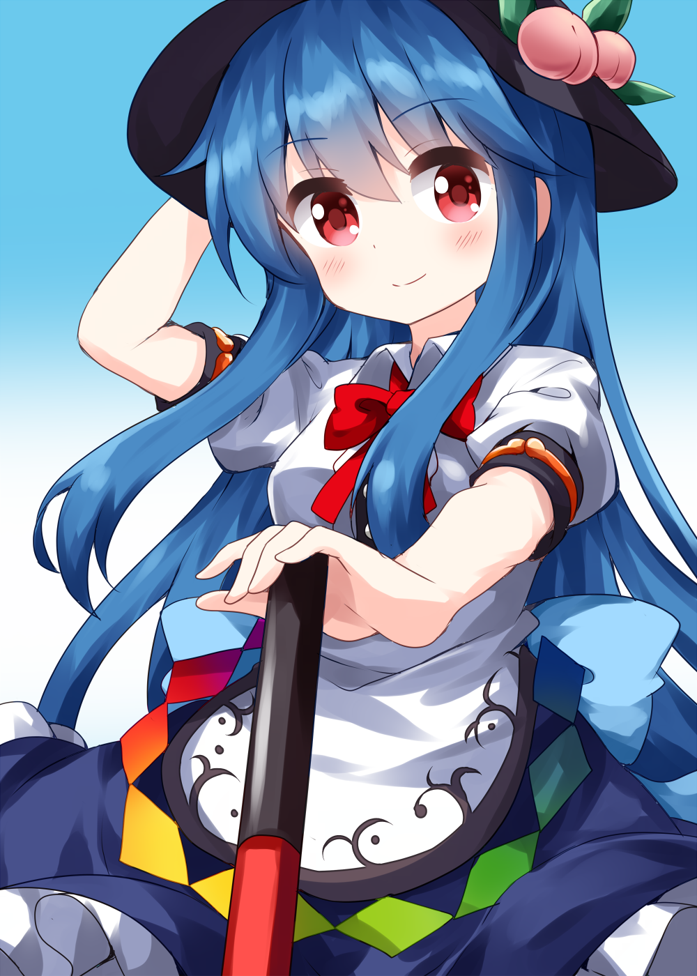 1girl bangs black_headwear blue_background blue_hair blue_skirt bow bowtie closed_mouth eyebrows_visible_through_hair food frilled_skirt frills fruit gradient gradient_background hand_on_headwear highres hinanawi_tenshi holding holding_sword holding_weapon leaf long_hair looking_at_viewer peach puffy_short_sleeves puffy_sleeves rainbow_order red_bow red_eyes red_neckwear ruu_(tksymkw) shirt short_sleeves skirt smile solo standing sword sword_of_hisou touhou weapon white_shirt