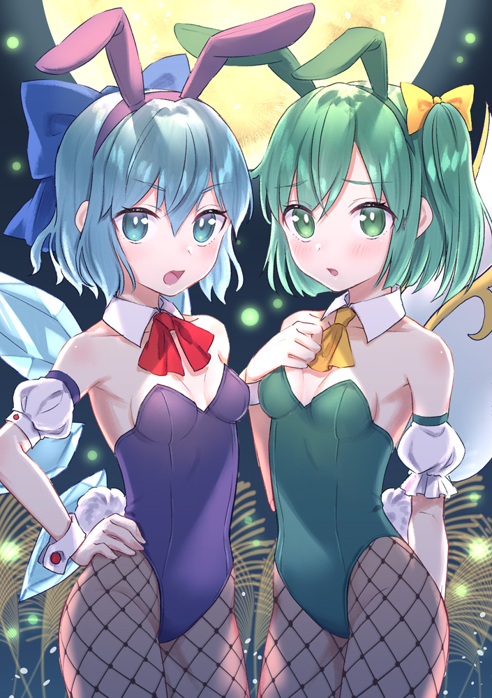 90kyuuri animal_ears ascot blue_eyes blue_hair blue_leotard bow bowtie breasts bunny_tail cirno commentary_request commission cowboy_shot daiyousei detached_collar fairy_wings fishnet_legwear fishnets full_moon green_eyes green_hair green_leotard hair_bow hand_on_hip ice ice_wings leotard looking_at_viewer moon night pantyhose playboy_bunny rabbit_ears red_neckwear short_hair side_ponytail skeb_commission small_breasts strapless strapless_leotard tail touhou wings wrist_cuffs yellow_neckwear