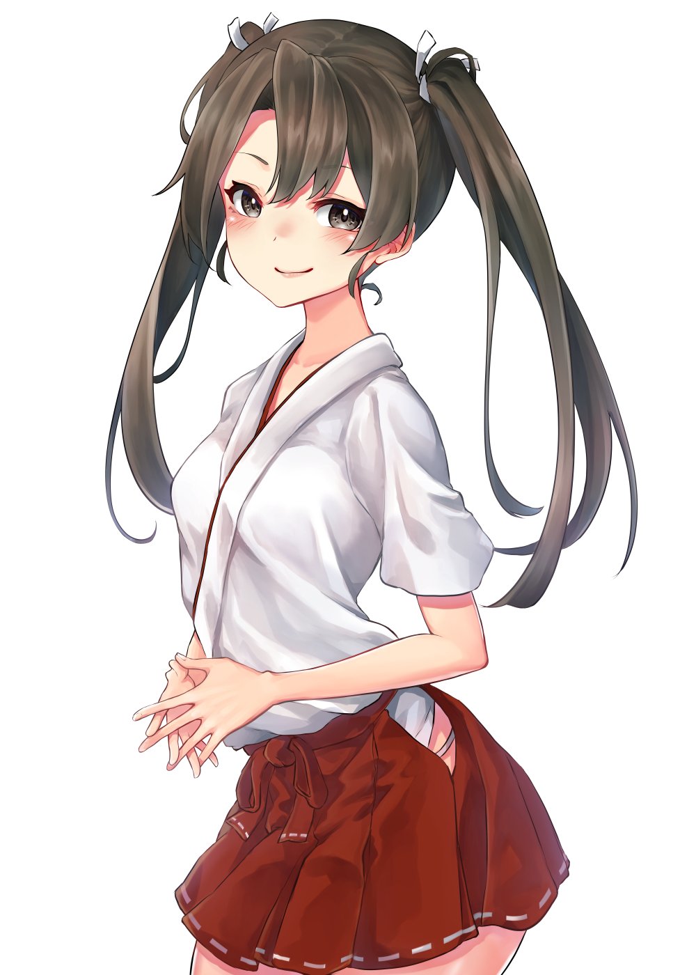 1girl black_eyes black_hair cowboy_shot fingers_together hakama hakama_skirt highres hip_vent japanese_clothes kamidanomi kantai_collection long_hair looking_at_viewer red_hakama ribbon simple_background smile solo twintails white_background white_ribbon zuikaku_(kantai_collection)