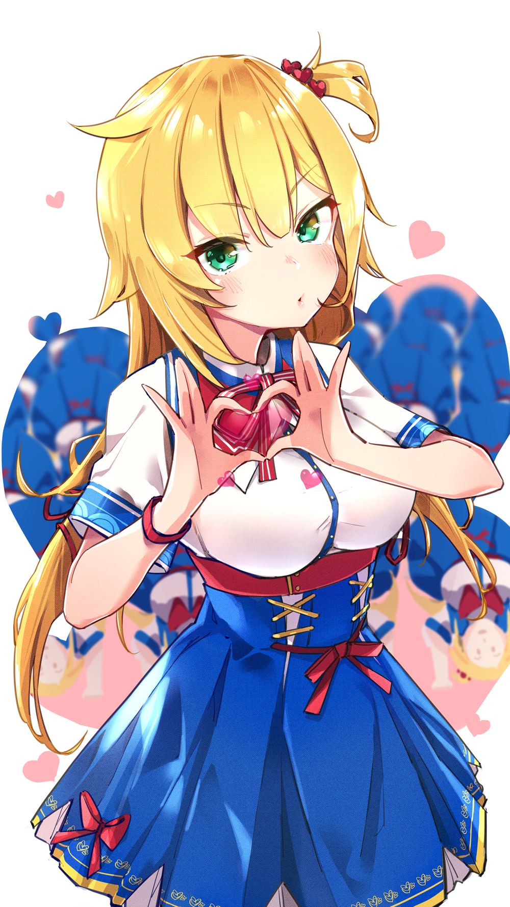 1girl akai_haato all_fours blonde_hair blue_skirt breasts clone commentary_request green_eyes hair_ornament heart heart_hair_ornament heart_hands highres hololive large_breasts lips long_hair looking_at_viewer one_side_up pursed_lips skirt solo tsurime twintails underbust very_long_hair virtual_youtuber white_background yuyaiyaui