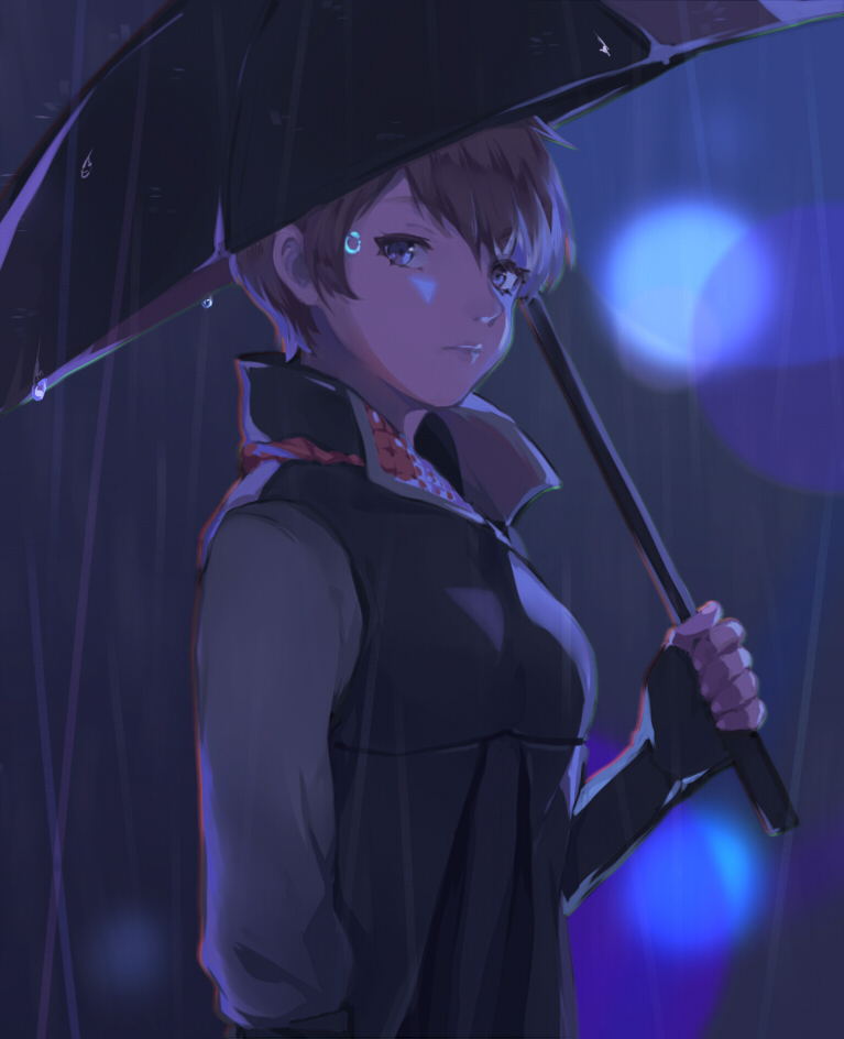 1girl anchun_(quail0503) arm_at_side black_umbrella blue_eyes blurry blurry_background brown_hair coat detroit:_become_human fingerless_gloves gloves kara_(detroit) night outdoors rain short_hair solo standing umbrella