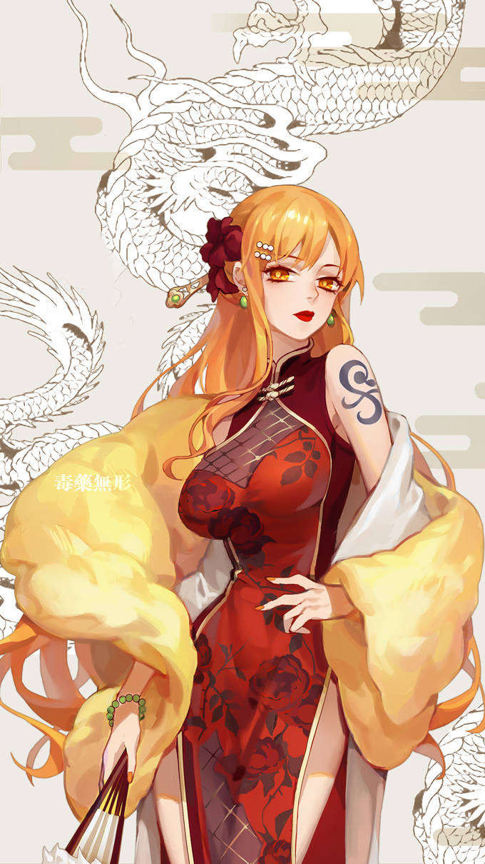 1girl bangs bracelet breasts china_dress chinese_clothes cowboy_shot dragon dress dywx_poison earrings fan hair_ornament hand_on_hip highres holding holding_fan jewelry large_breasts lipstick long_hair makeup nami_(one_piece) one_piece orange_eyes orange_hair red_dress red_lipstick shawl side_slit smile solo