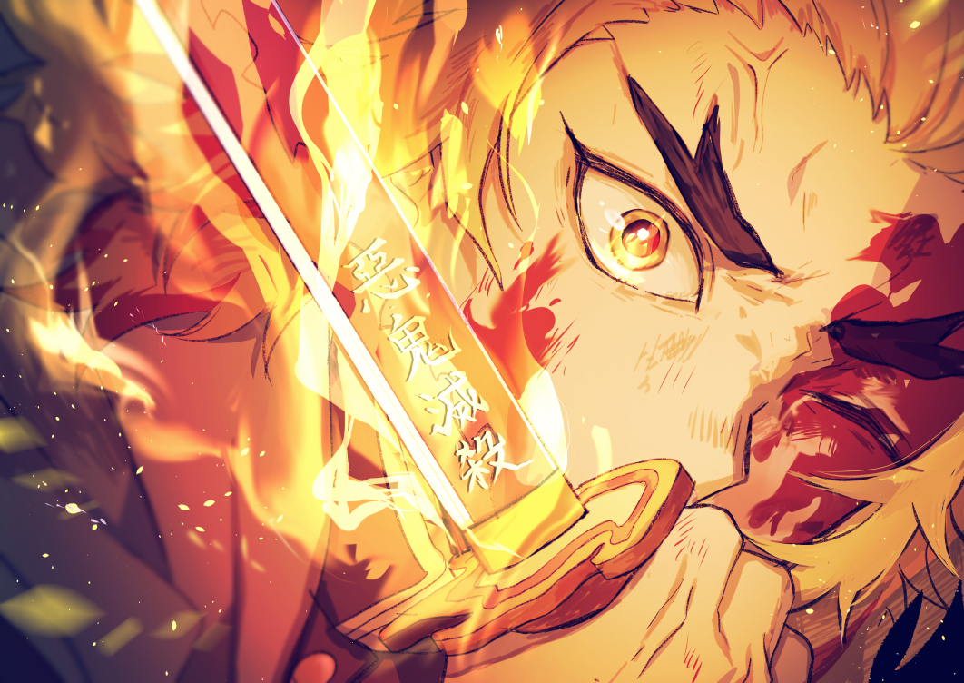 1boy anger_vein black_hair black_jacket blonde_hair closed_mouth face fighting_stance fire forked_eyebrows glowing glowing_weapon holding holding_weapon jacket katana kimetsu_no_yaiba long_hair looking_at_viewer male_focus multicolored_hair one_eye_closed redhead rengoku_kyoujurou solo sword two-tone_hair weapon yuuki_sawano