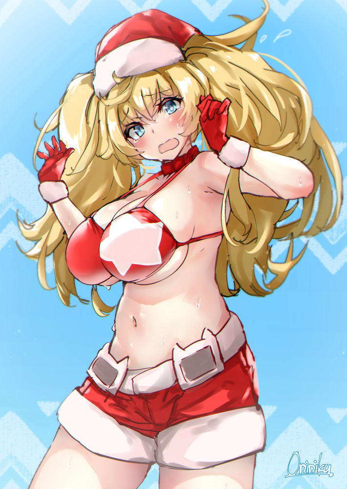 1girl artist_name bikini blonde_hair blue_eyes blush breasts cowboy_shot eyebrows_visible_through_hair gambier_bay_(kantai_collection) gloves hair_between_eyes hat kantai_collection large_breasts long_hair mani_oniniku navel open_mouth red_bikini red_gloves red_shorts santa_bikini santa_hat shorts signature solo swimsuit twintails