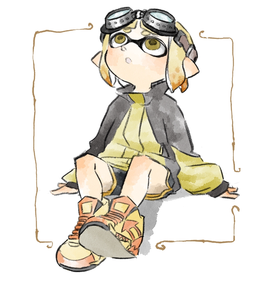 1girl :o black_shorts blonde_hair domino_mask full_body goggles goggles_on_head inkling long_sleeves looking_up mask nishikuromori open_mouth pointy_ears shoes short_hair shorts sitting sneakers solo splatoon_(series) splatoon_2 tentacle_hair yellow_eyes
