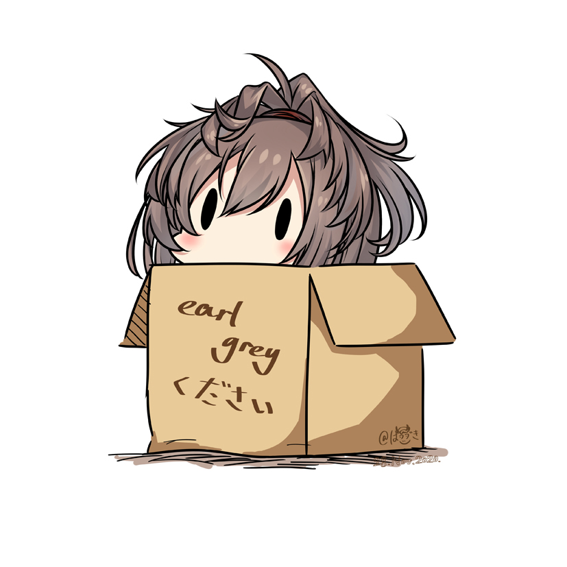 1girl bangs box brown_hair cardboard_box commentary hair_between_eyes hatsuzuki_527 in_box in_container kantai_collection long_hair sheffield_(kantai_collection) simple_background solid_oval_eyes solo translated twitter_username white_background