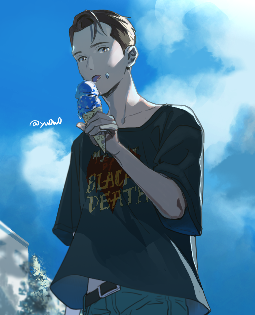 1boy artist_name black_hair black_shirt casual clouds connor_(detroit) day detroit:_become_human eating food food_on_face holding holding_food ice_cream_cone licking looking_at_viewer male_focus outdoors pants shirt short_sleeves solo t-shirt tongue tongue_out tree yukowa_(kari)